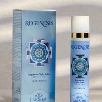 Blue box and bottle labeled REGENESIS Night Balm by Lakshmi on a light surface; cosmetic packaging design with geometric mandala pattern.
