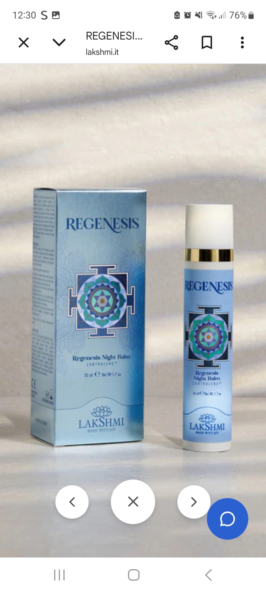 Blue box and bottle labeled REGENESIS Night Balm by Lakshmi on a light surface; cosmetic packaging design with geometric mandala pattern.