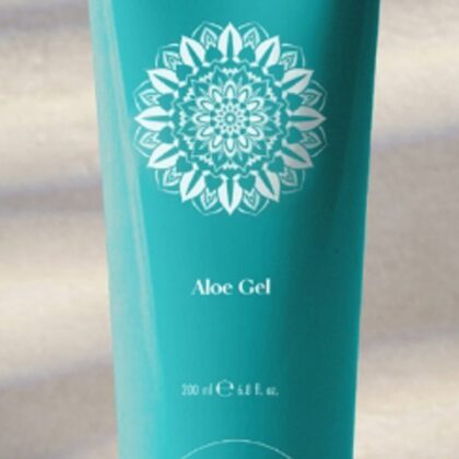 Teal Sunveda Aloe Gel tube with a white mandala design and Lakshmi branding, 200 ml format, standing upright on a neutral background.